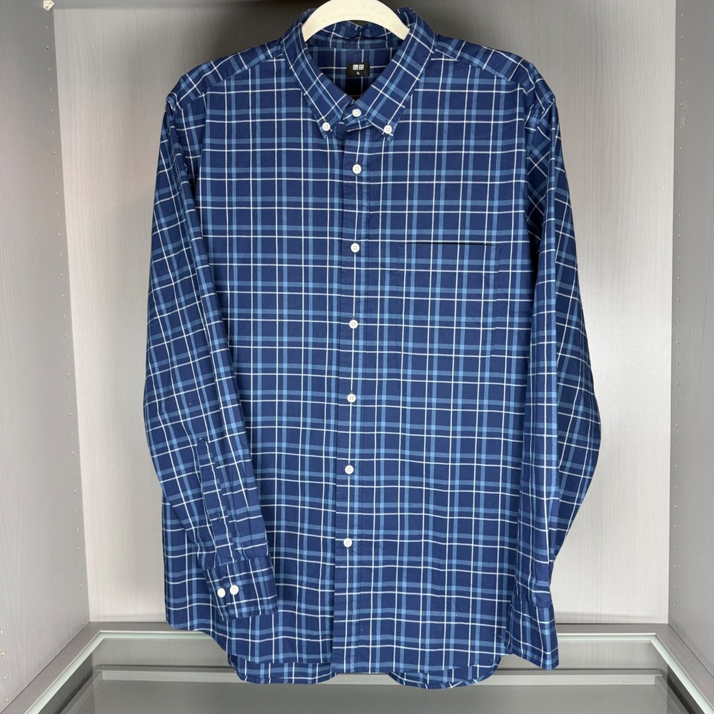 Uniqlo Mens XL Blue Plaid Button Down Shirt Long Sleeve Cotton Casual Pocket